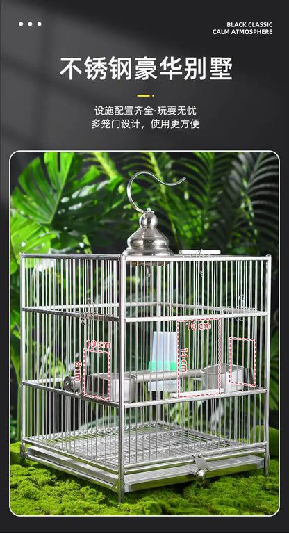 Large Square Stainless Steel Bird Cage for Myna Starling Parrot Villa Metal Cage