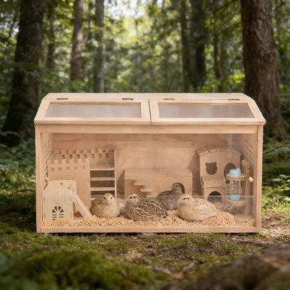 Panoramic Wooden Quail Cage Large Habitat House for Indoor Rearing Heat Preservation Breeding Box Suitable for Hamsters
