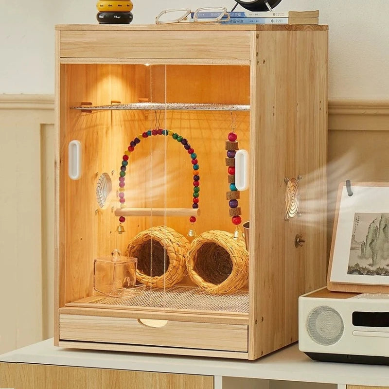 Wooden Bird Cage with Drawers Breathable Young Birds Nest with Base Net Parrot Quail Breeding Box Bird Interior Aviary House