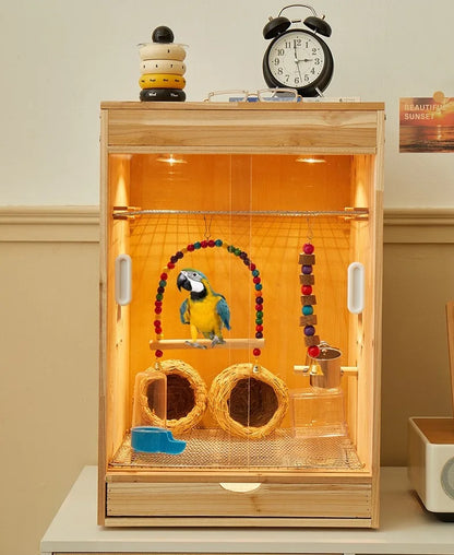 Wooden Bird Cage with Drawers Breathable Young Birds Nest with Base Net Parrot Quail Breeding Box Bird Interior Aviary House