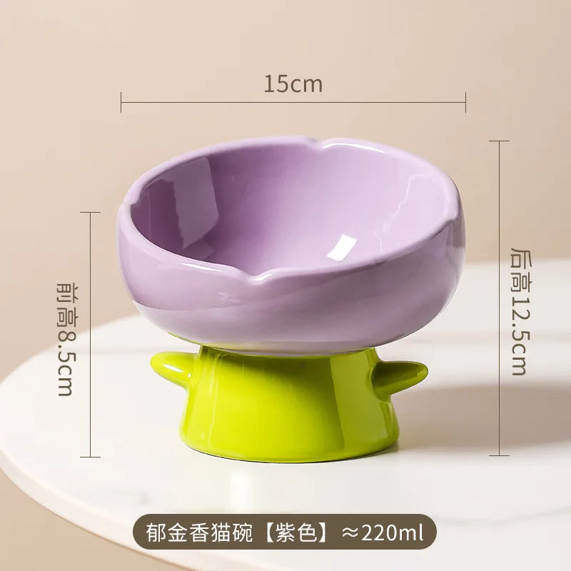 Tulip-shaped ceramic cat food bowl for pets prevent tipping over, and reduce the risk of blackening at the bottom of the bowl