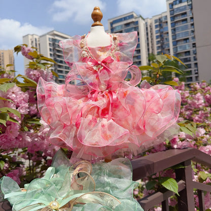 Summer Luxury Pink Green Puppy Dog Cats Clothing Chihuahua Handmade Lace Sling Princess Dresses For Small Medium Dog Pet Clothes