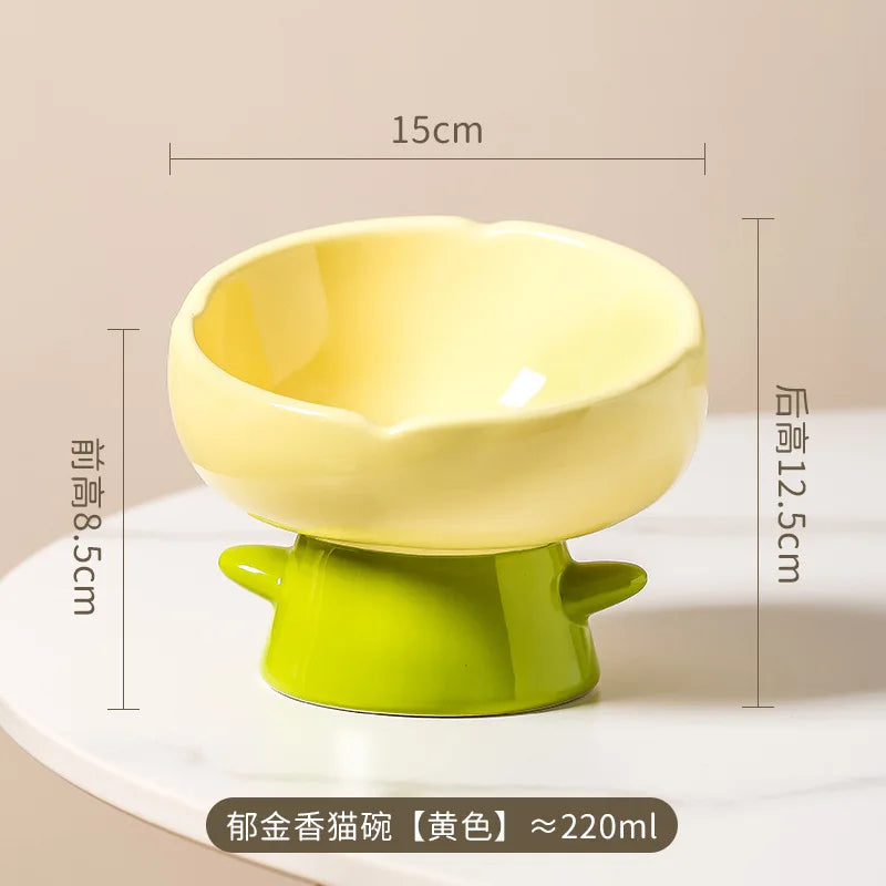 Tulip-shaped ceramic cat food bowl for pets prevent tipping over, and reduce the risk of blackening at the bottom of the bowl