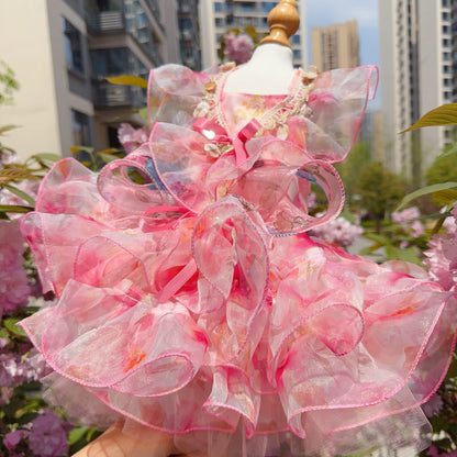 Summer Luxury Pink Green Puppy Dog Cats Clothing Chihuahua Handmade Lace Sling Princess Dresses For Small Medium Dog Pet Clothes