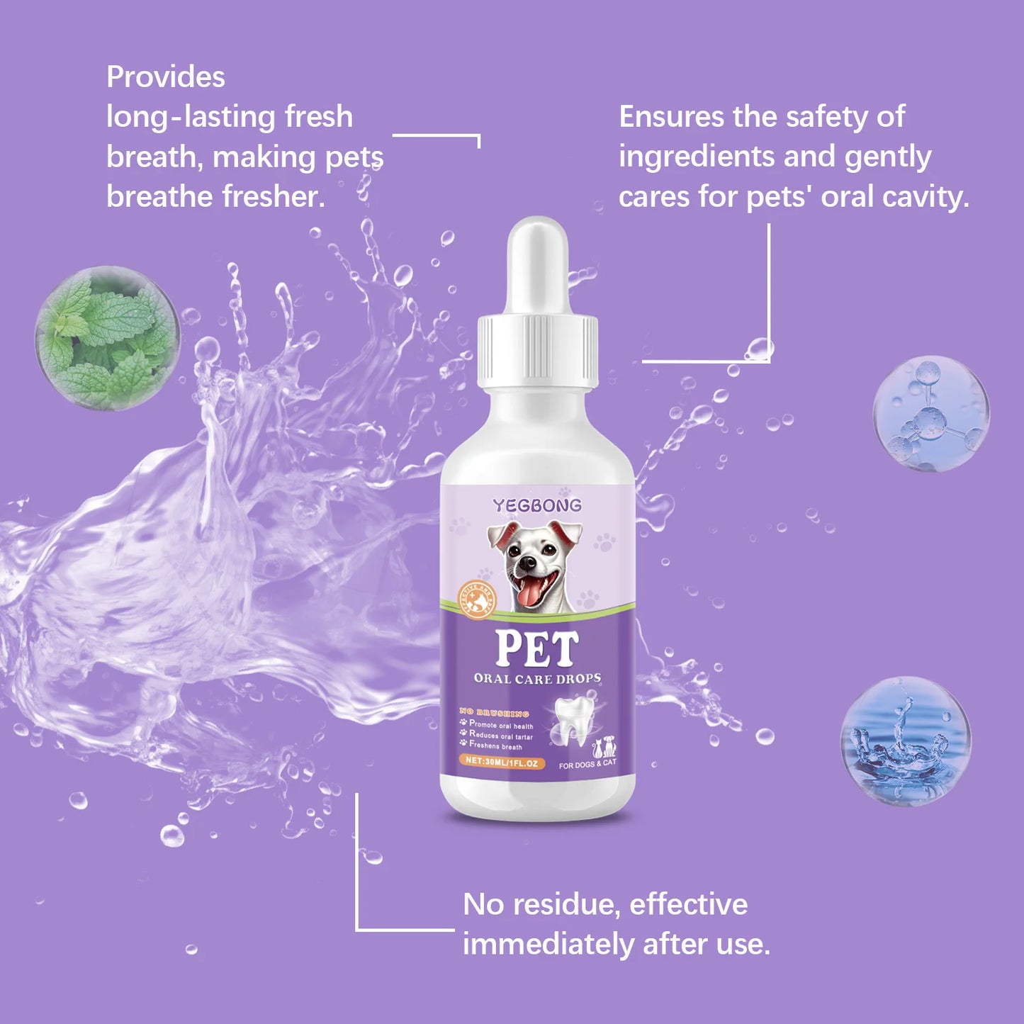 YEGBONG Pet Oral Care Drops Dog Cat Fresh Breath Tartar Remover Mild Formula Food Supplement Easy Use Home Pet Oral Hygiene
