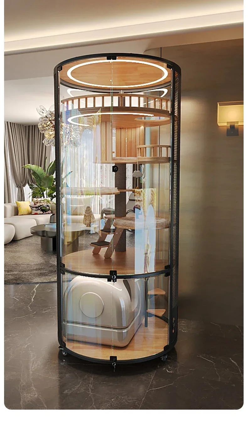 Cat Villa Deluxe 360 Panoramic Cat Cage House Solid Wood Steel Glass Smart Cat Toilet