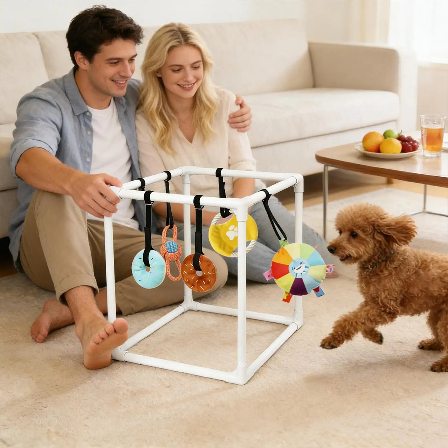 Puppy Gym Assembly Frame Training Tool with 5 Toys Dog Playground Equipment for Training Teething Calming Indoor Floor Play