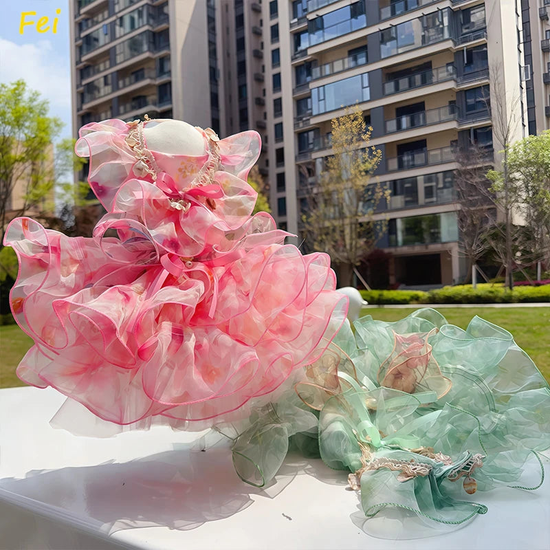 Summer Luxury Pink Green Puppy Dog Cats Clothing Chihuahua Handmade Lace Sling Princess Dresses For Small Medium Dog Pet Clothes