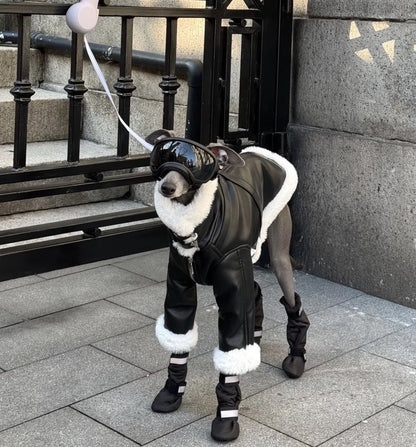 Luxury Leather Whippet Dog Clothes in Winter 4-legged Plush Jacket Windproof Coat Warm Clothing for Italian Greyhound