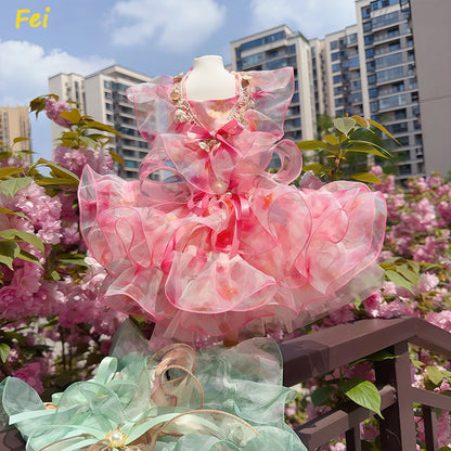 Summer Luxury Pink Green Puppy Dog Cats Clothing Chihuahua Handmade Lace Sling Princess Dresses For Small Medium Dog Pet Clothes