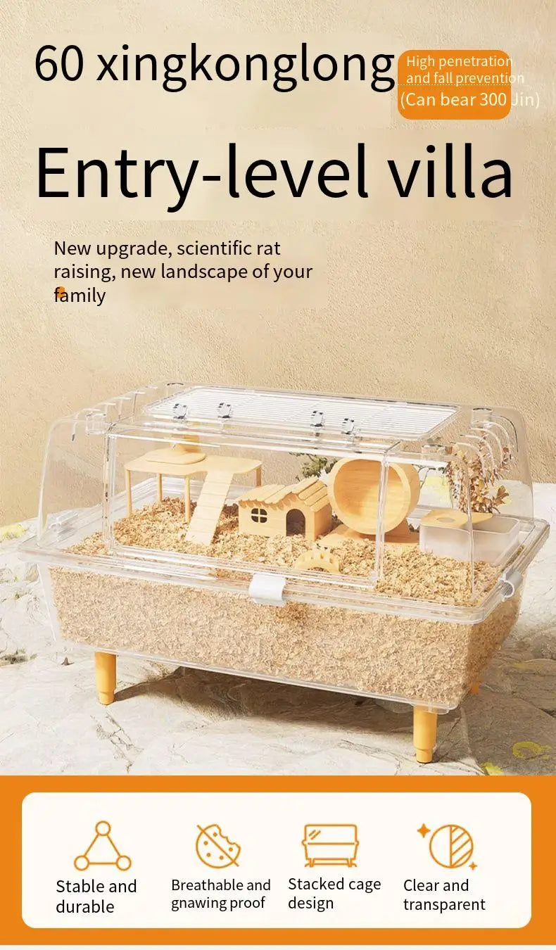 60cm Acrylic Hamster Cage Large Transparent Habitat for Syrian Hamster & Mice Spacious Villa-Style Chew-Proof Enclosure