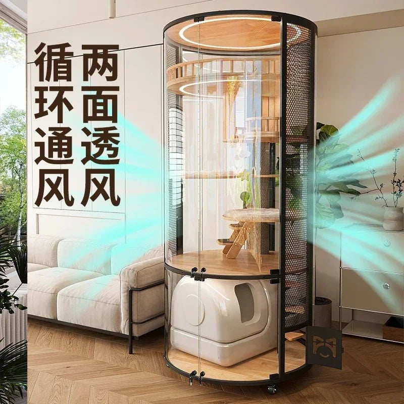 Cat Villa Deluxe 360 Panoramic Cat Cage House Solid Wood Steel Glass Smart Cat Toilet