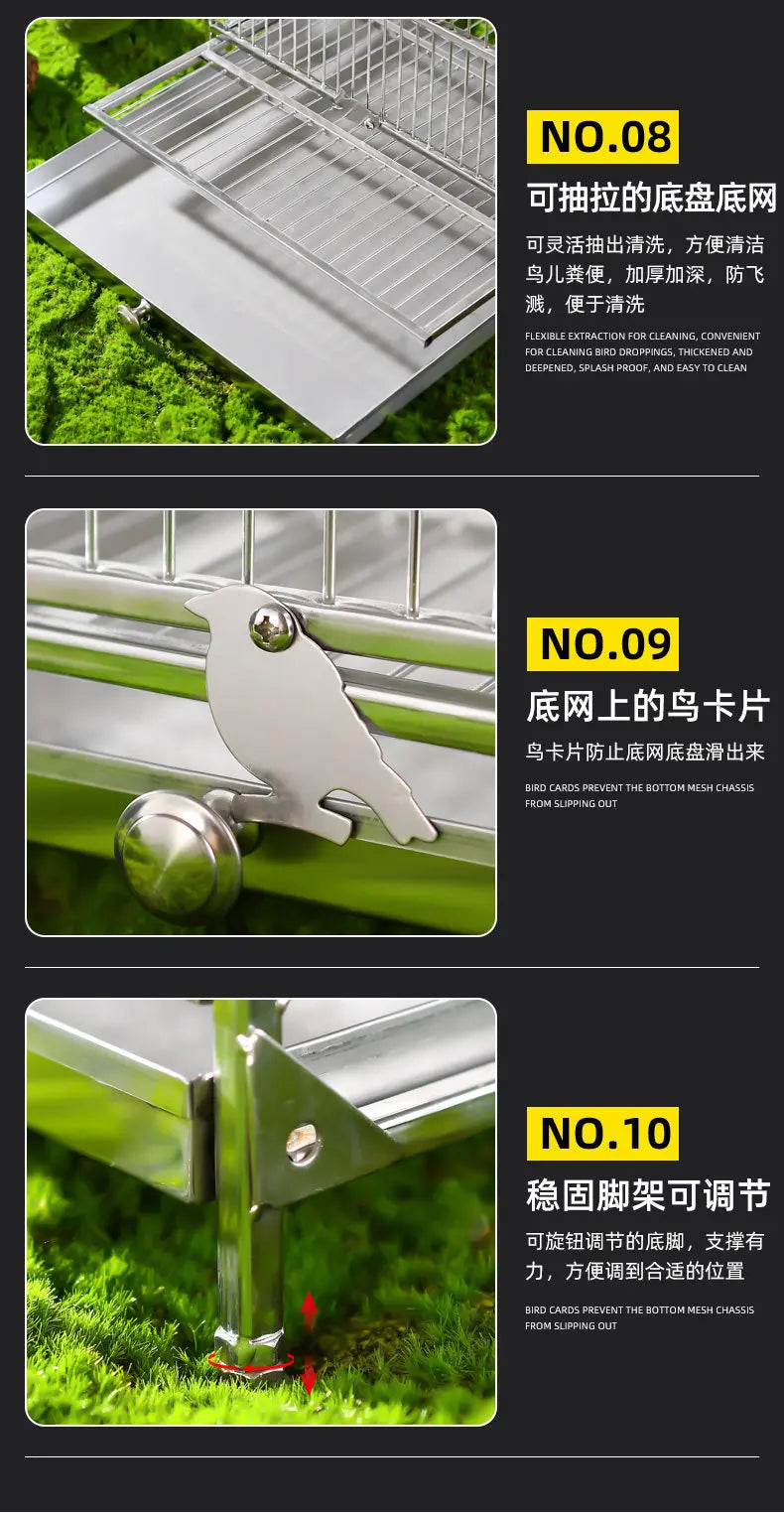 Large Square Stainless Steel Bird Cage for Myna Starling Parrot Villa Metal Cage