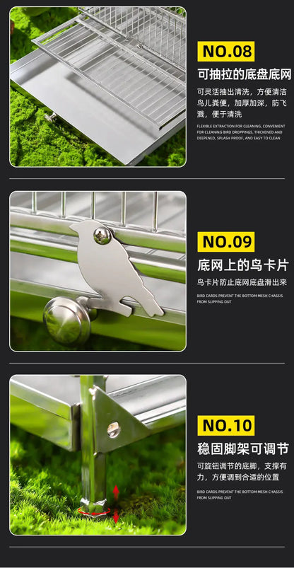 Large Square Stainless Steel Bird Cage for Myna Starling Parrot Villa Metal Cage