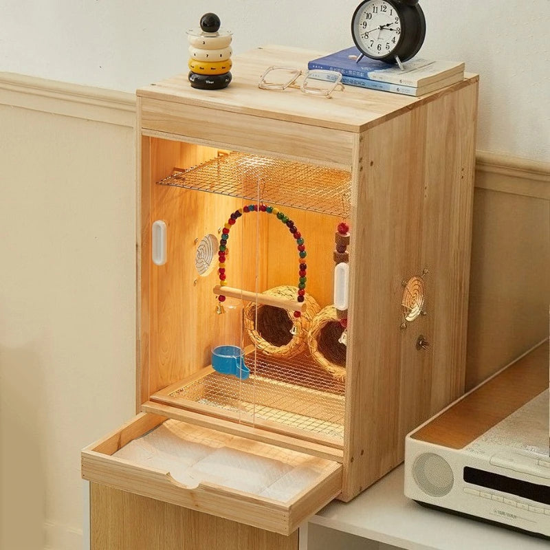 Wooden Bird Cage with Drawers Breathable Young Birds Nest with Base Net Parrot Quail Breeding Box Bird Interior Aviary House