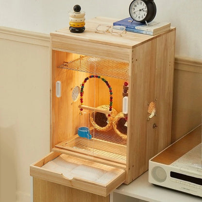 Wooden Bird Cage with Drawers Breathable Young Birds Nest with Base Net Parrot Quail Breeding Box Bird Interior Aviary House