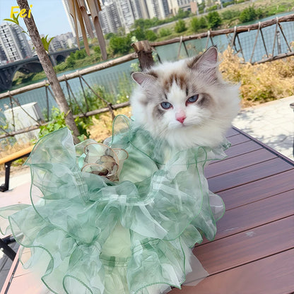 Summer Luxury Pink Green Puppy Dog Cats Clothing Chihuahua Handmade Lace Sling Princess Dresses For Small Medium Dog Pet Clothes