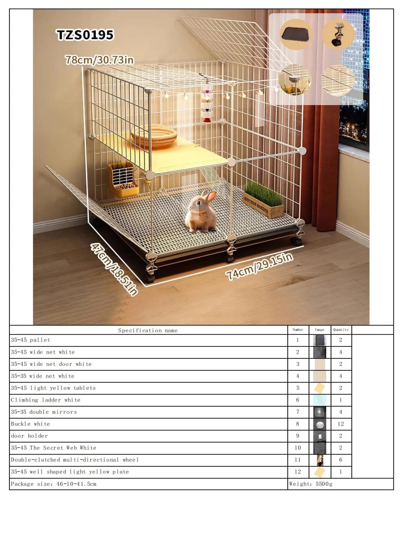 Rabbit Cage with Large Space for Home Use, Large Villa-Style Rabbit Nest with Toilet