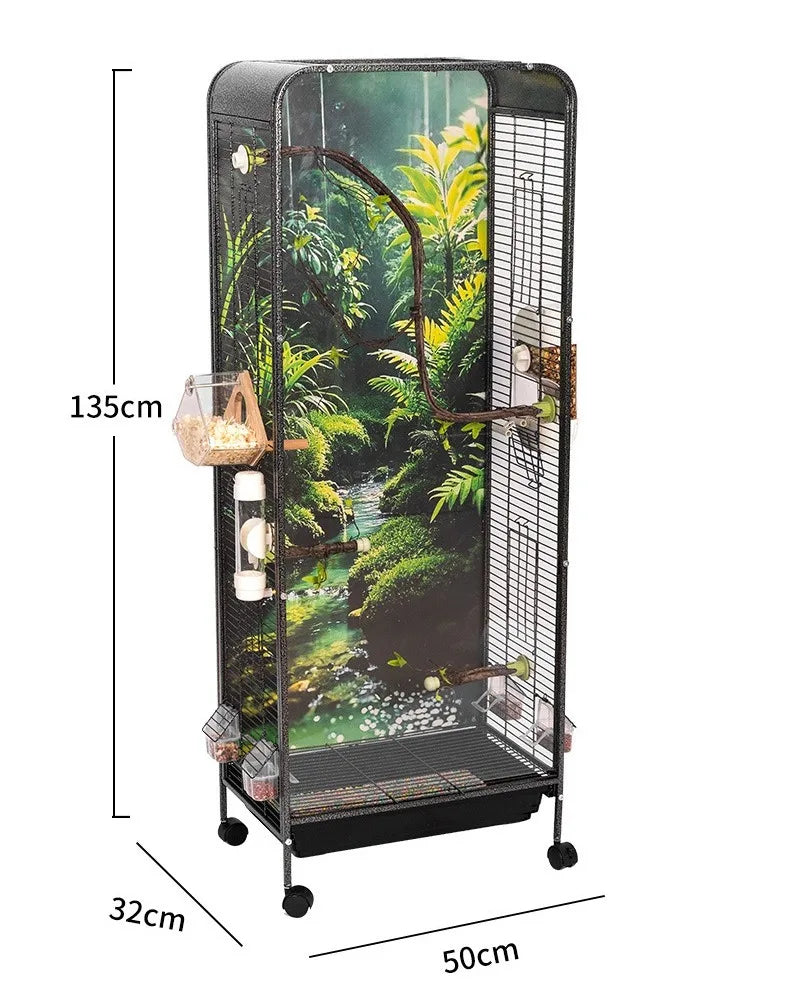 Metal Bird Cage Large Wheeled Transparent Cabinet-type Parrot Cage Interior Budgerigar Cockatiel Nest with Drawer Bird House