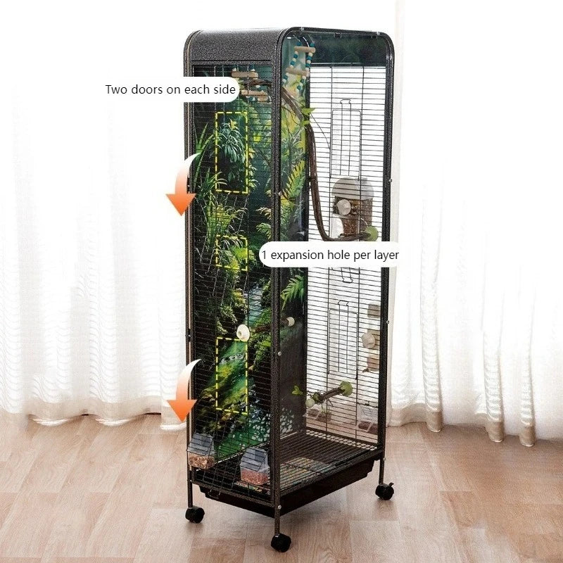 Metal Bird Cage Large Wheeled Transparent Cabinet-type Parrot Cage Interior Budgerigar Cockatiel Nest with Drawer Bird House
