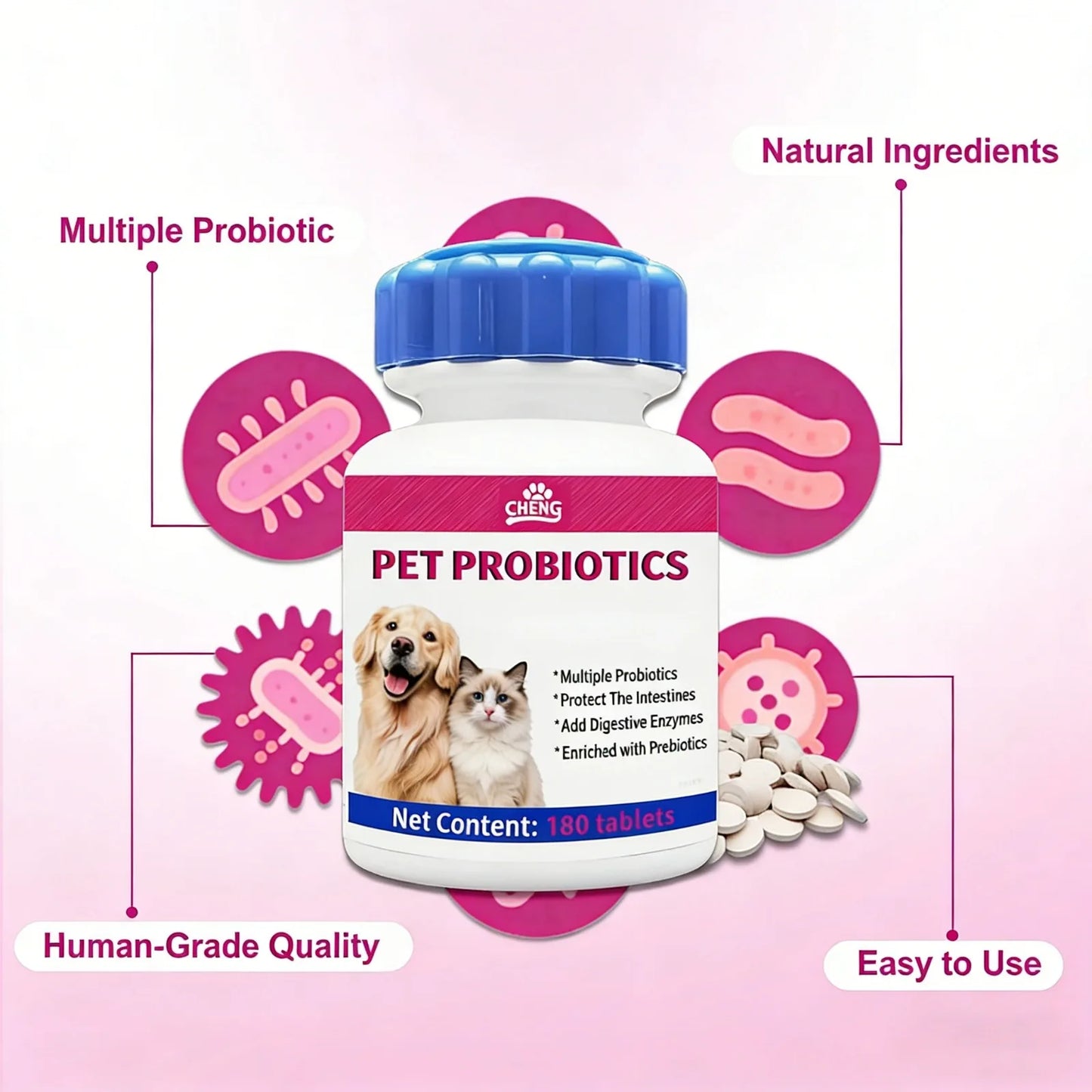 180 Chewable Probiotic Tablets for Dogs & Cats, Pet Health Nutrition Supplement for Gut Flora Balance & Strong Immunity Support
