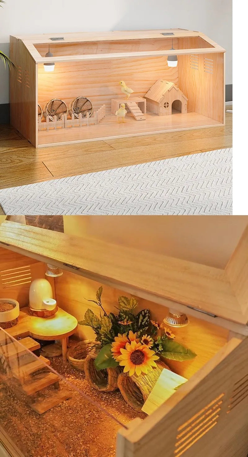 Solid Wood Quail Cage with Light Hamster Hedgehog Little Rabbit Cages Ventilate Large Space Coop Indoor Small Animals Houses