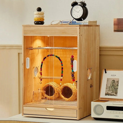 Wooden Bird Cage with Drawers Breathable Young Birds Nest with Base Net Parrot Quail Breeding Box Bird Interior Aviary House