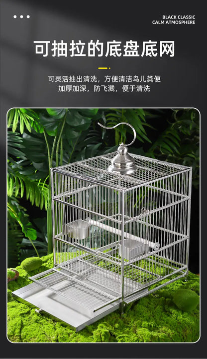 Large Square Stainless Steel Bird Cage for Myna Starling Parrot Villa Metal Cage