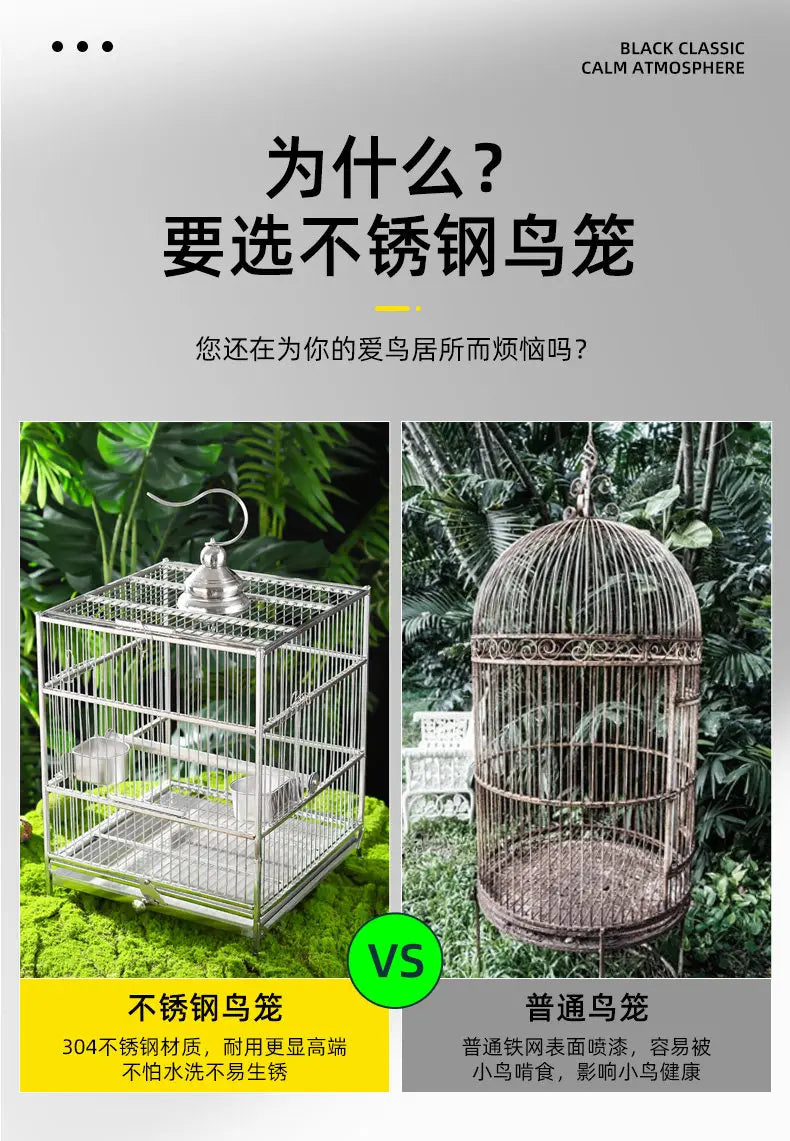 Large Square Stainless Steel Bird Cage for Myna Starling Parrot Villa Metal Cage