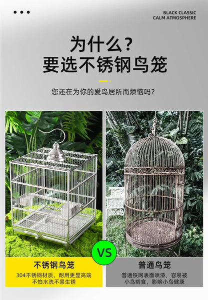 Large Square Stainless Steel Bird Cage for Myna Starling Parrot Villa Metal Cage