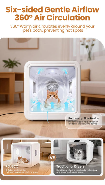 ROJECO 70L Smart Pet Dryer Box Automatic Temperature Control 360° Drying Ultra Quiet Pet Hair Grooming For Dog Cat Dryer 4 Speed