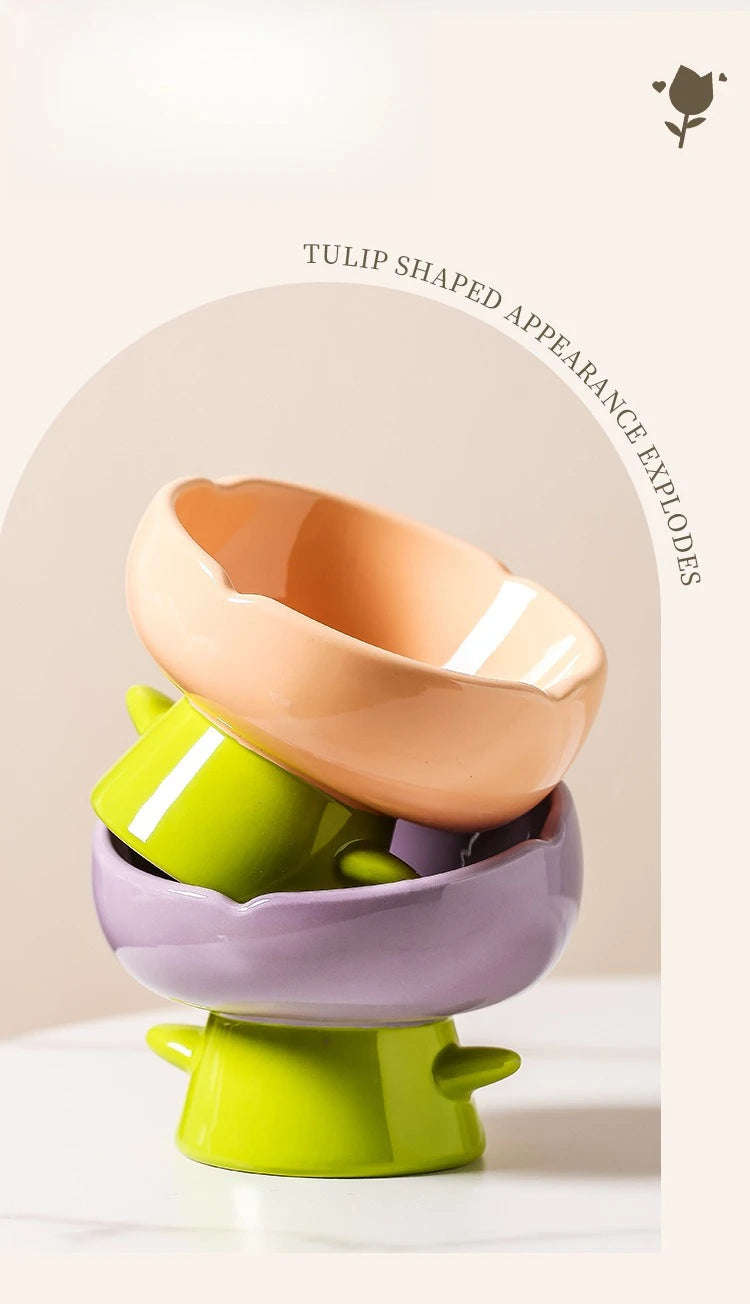 Tulip-shaped ceramic cat food bowl for pets prevent tipping over, and reduce the risk of blackening at the bottom of the bowl