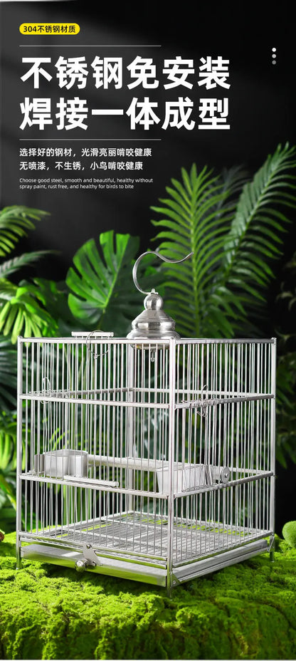 Large Square Stainless Steel Bird Cage for Myna Starling Parrot Villa Metal Cage