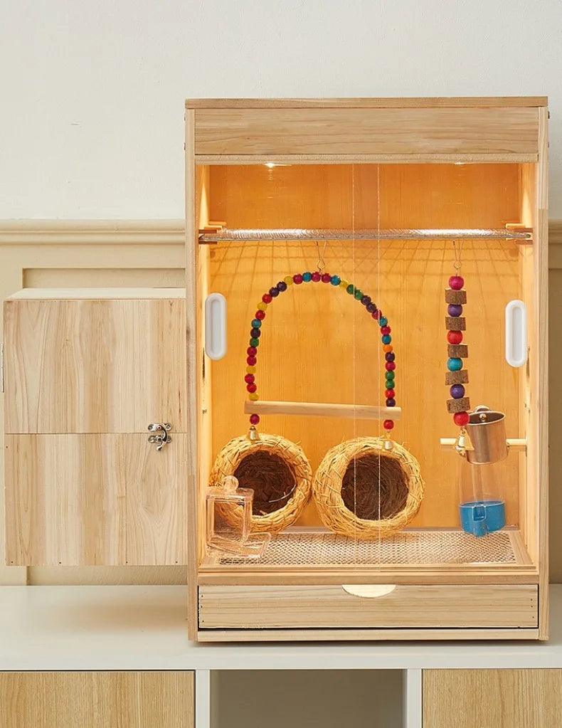 Wooden Bird Cage with Drawers Breathable Young Birds Nest with Base Net Parrot Quail Breeding Box Bird Interior Aviary House