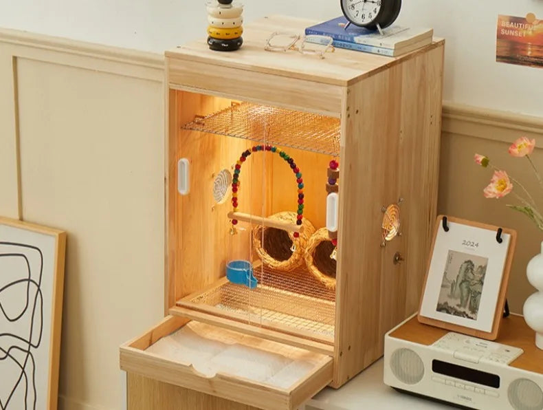 Wooden Bird Cage with Drawers Breathable Young Birds Nest with Base Net Parrot Quail Breeding Box Bird Interior Aviary House