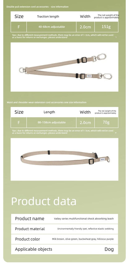Multi-Functional Dog Leash Anti-Burst Shock Absorption Hands-Free Waist Shoulder Strap Adjustable 114-143cm for 40kg