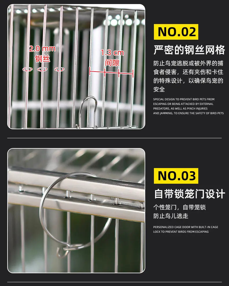 Large Square Stainless Steel Bird Cage for Myna Starling Parrot Villa Metal Cage