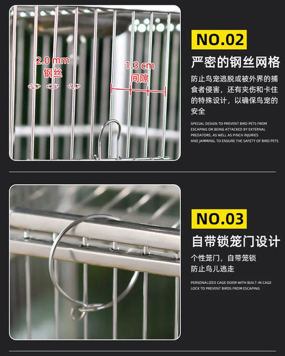 Large Square Stainless Steel Bird Cage for Myna Starling Parrot Villa Metal Cage