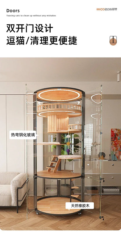 Cat Villa Deluxe 360 Panoramic Cat Cage House Solid Wood Steel Glass Smart Cat Toilet