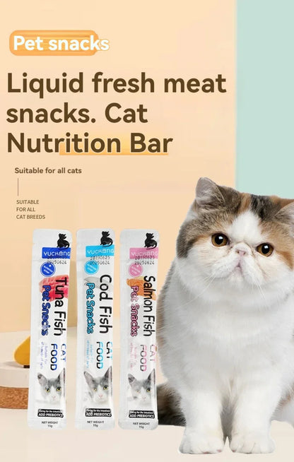 10pcs 15g/Stripe Cat Strips Pet Snacks Various Flavors Nutritious Protein Wet Cat Food Universal Snacks Fatty Gills Cat Wet Food