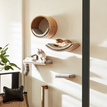 Contoured cat rack and wall mounted cat step with cushions wall mounted cat furniture for sleeping, playing, climbing