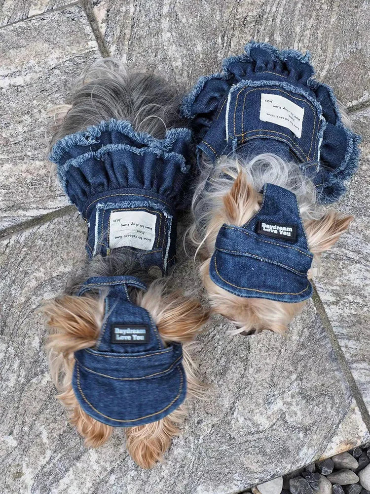 Summer Dog Clothes Denim Jeans with Hat Dog Dress INS Style Small Girl Dog Clothing Couple Pet Outfit Puppy Costume Overalls
