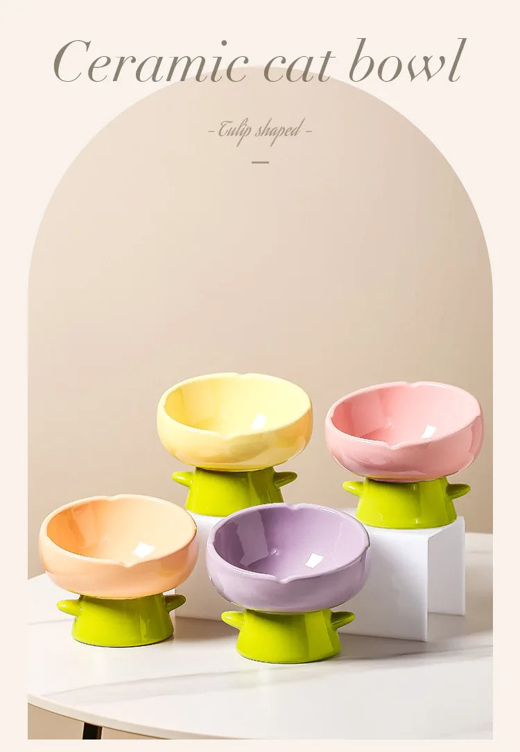 Tulip-shaped ceramic cat food bowl for pets prevent tipping over, and reduce the risk of blackening at the bottom of the bowl