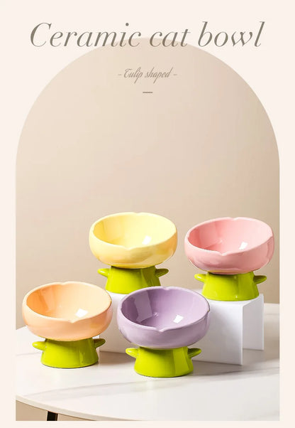 Tulip-shaped ceramic cat food bowl for pets prevent tipping over, and reduce the risk of blackening at the bottom of the bowl