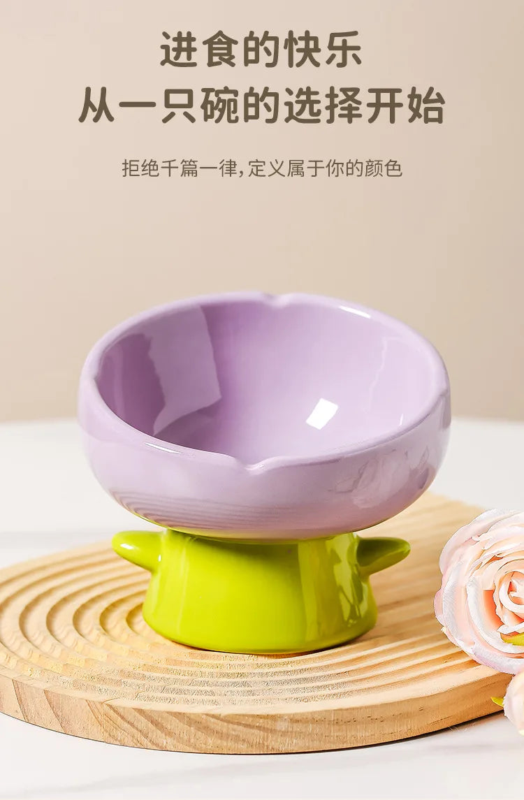 Tulip-shaped ceramic cat food bowl for pets prevent tipping over, and reduce the risk of blackening at the bottom of the bowl