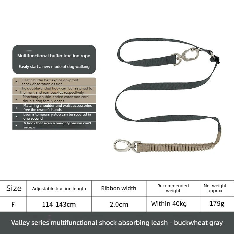 Multi-Functional Dog Leash Anti-Burst Shock Absorption Hands-Free Waist Shoulder Strap Adjustable 114-143cm for 40kg