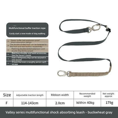 Multi-Functional Dog Leash Anti-Burst Shock Absorption Hands-Free Waist Shoulder Strap Adjustable 114-143cm for 40kg