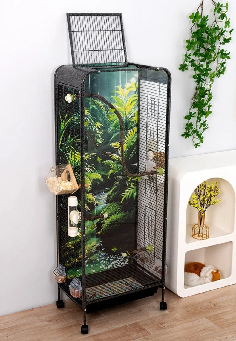Metal Bird Cage Large Wheeled Transparent Cabinet-type Parrot Cage Interior Budgerigar Cockatiel Nest with Drawer Bird House