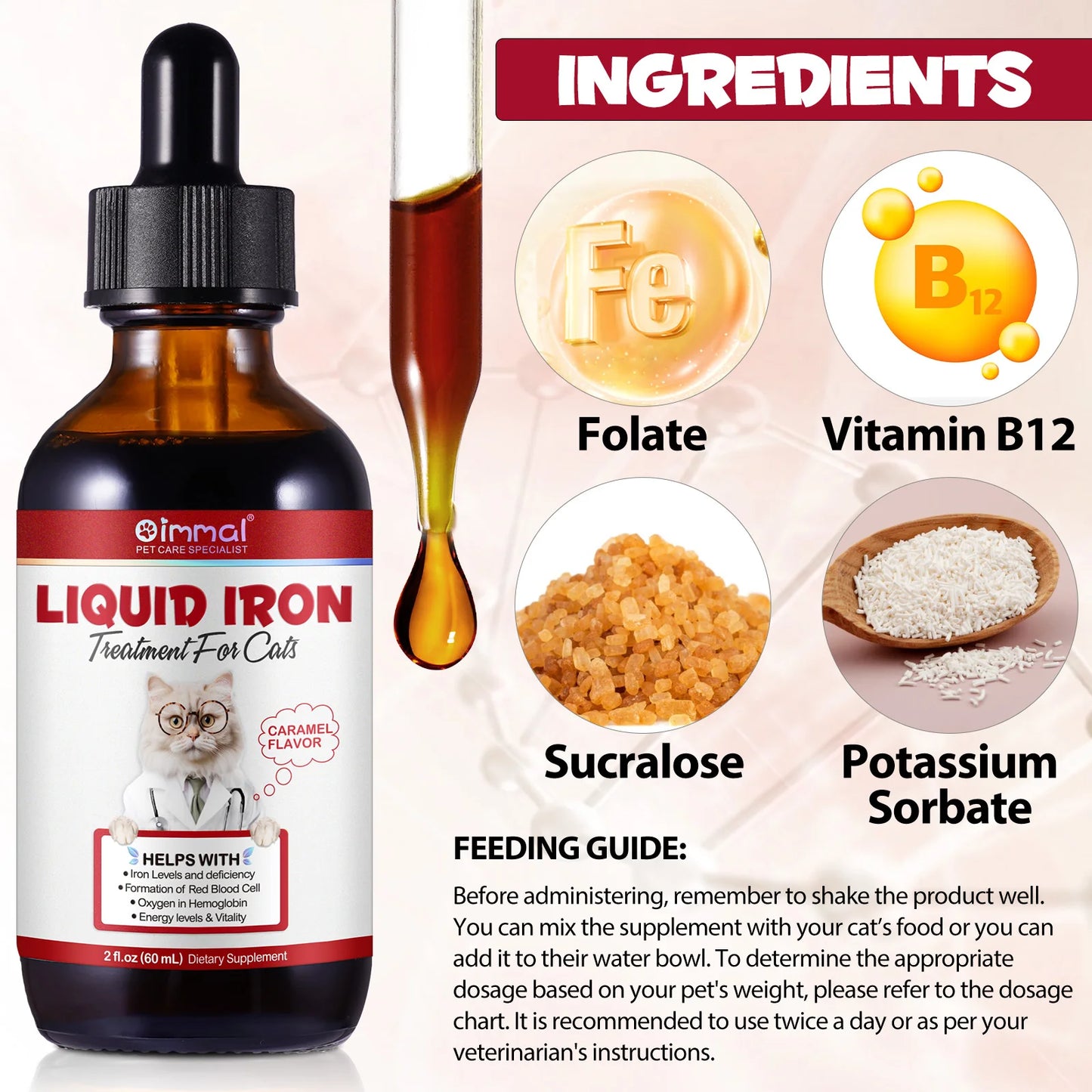 Liquid Iron Caramel Flavor Treatment for Cats Helps with Iron Levels Deficiency Formation of Red Blood Cell Oxygen in Hemoglobin