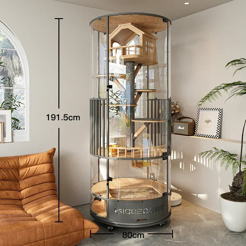 Cat Villa Deluxe 360 Panoramic Cat Cage House Solid Wood Steel Glass Smart Cat Toilet